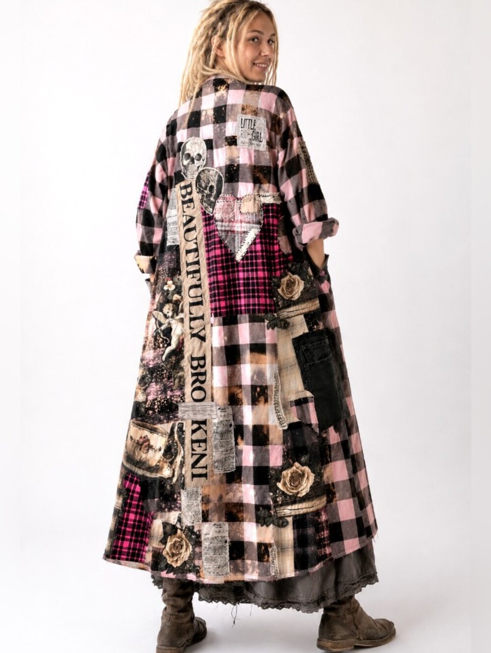 Designer Upcycled Kimono Duster Buttondown Flannel Top Artisan Cottage Appliqué - Picture 4 of 16
